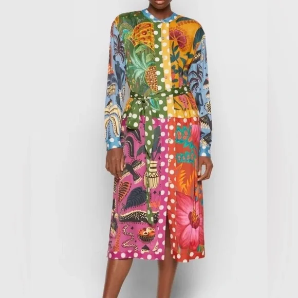 FARM RIO Earth Rainbow Long Sleeve Shirtdress Multicolor Size L - Picture 1 of 8